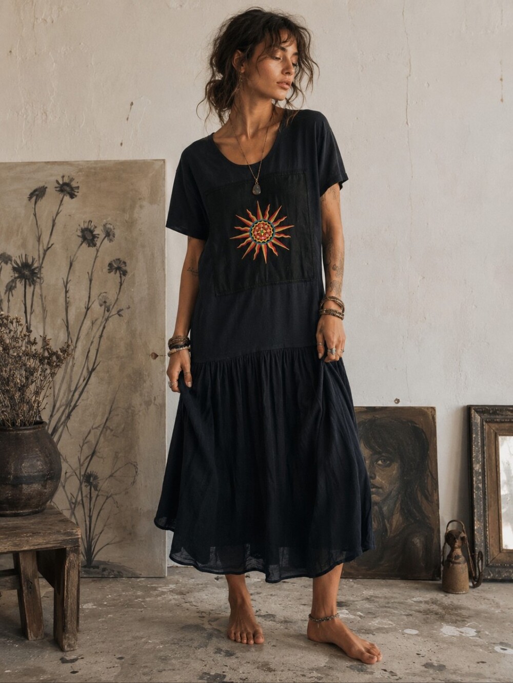 Vintage Boho Sun Celestial Short Sleeve Maxi Dress Size L Black Artsy